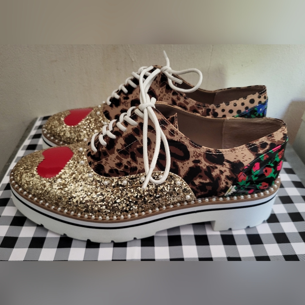 Betsey Johnson Leopard & Gold Glitter Platform Oxfords with Red Heart